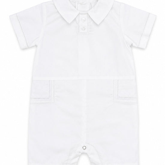 Carriage Boutique white cotton baby boy christening shortall with hand embroidery and collar detail