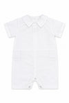 Carriage Boutique white cotton baby boy christening shortall with hand embroidery and collar detail