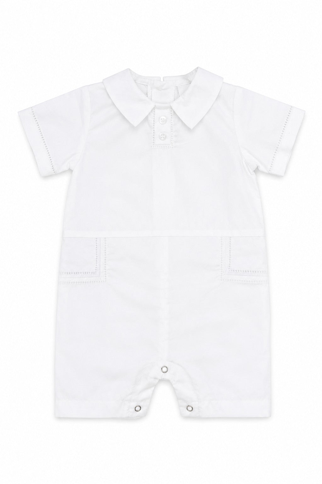 Carriage Boutique white cotton baby boy christening shortall with hand embroidery and collar detail
