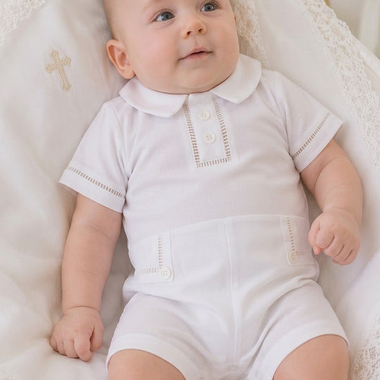 Carriage Boutique baby boy white cotton christening shortall with hand embroidery and peter pan collar