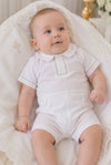 Carriage Boutique baby boy white cotton christening shortall with hand embroidery and peter pan collar