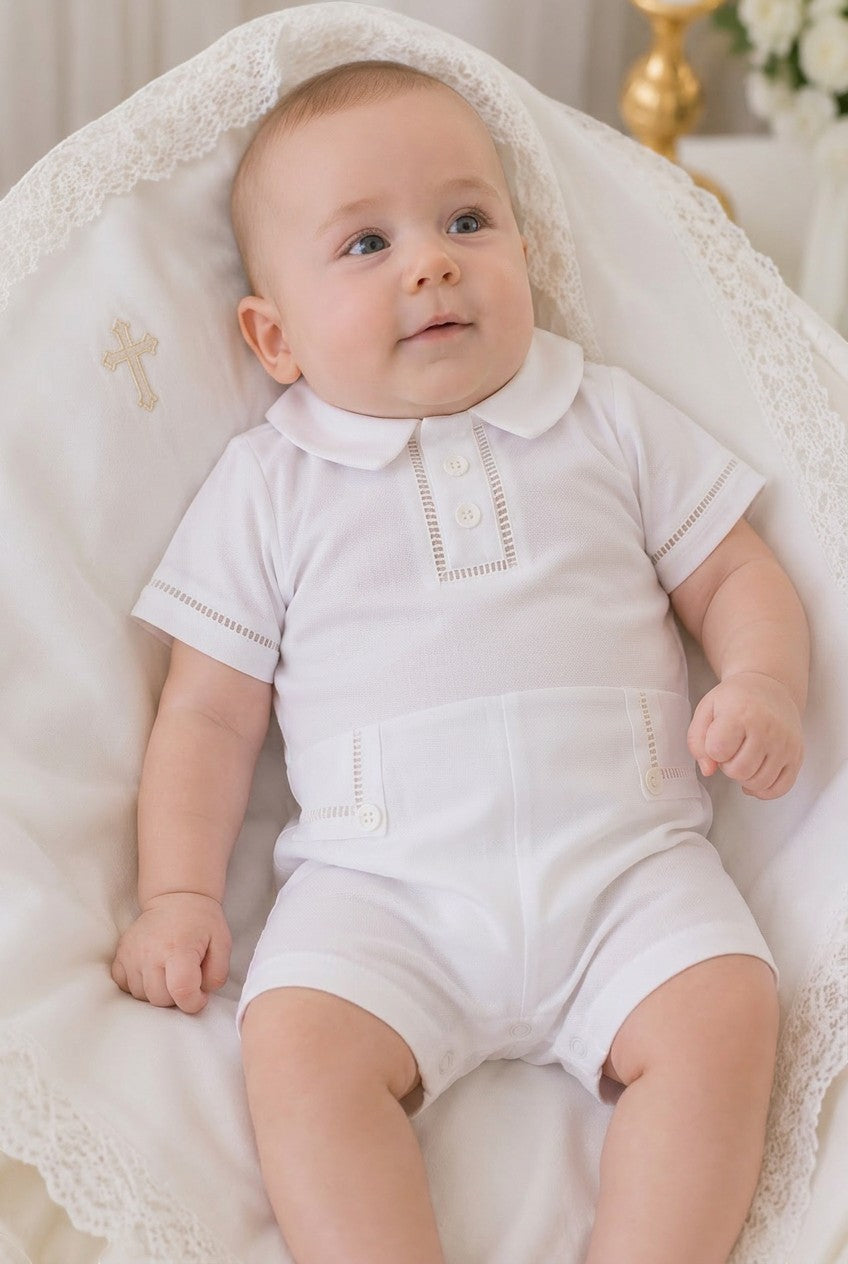 Carriage Boutique baby boy white cotton christening shortall with hand embroidery and peter pan collar