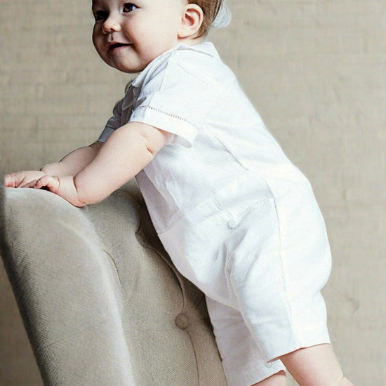 Carriage Boutique white cotton baby boy shortall with hand embroidery for christening and baptism ceremonies