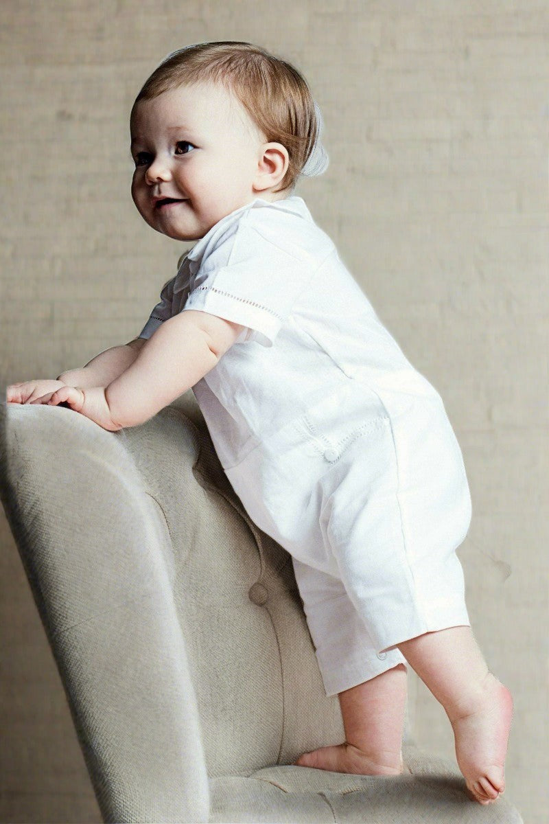 Carriage Boutique white cotton baby boy shortall with hand embroidery for christening and baptism ceremonies