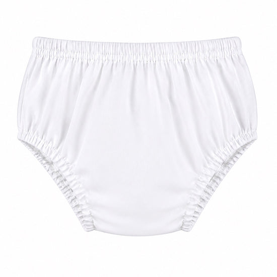 Carriage Boutique white cotton baby diaper cover with elastic waistband and leg openings
