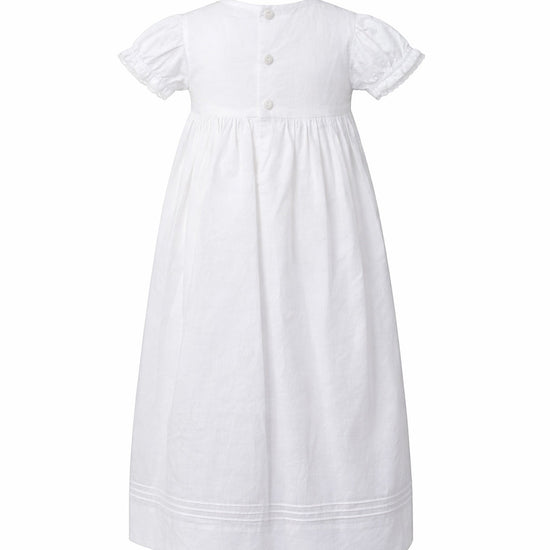 Carriage Boutique white cotton girls gown with puff sleeves and button back closure, back view
