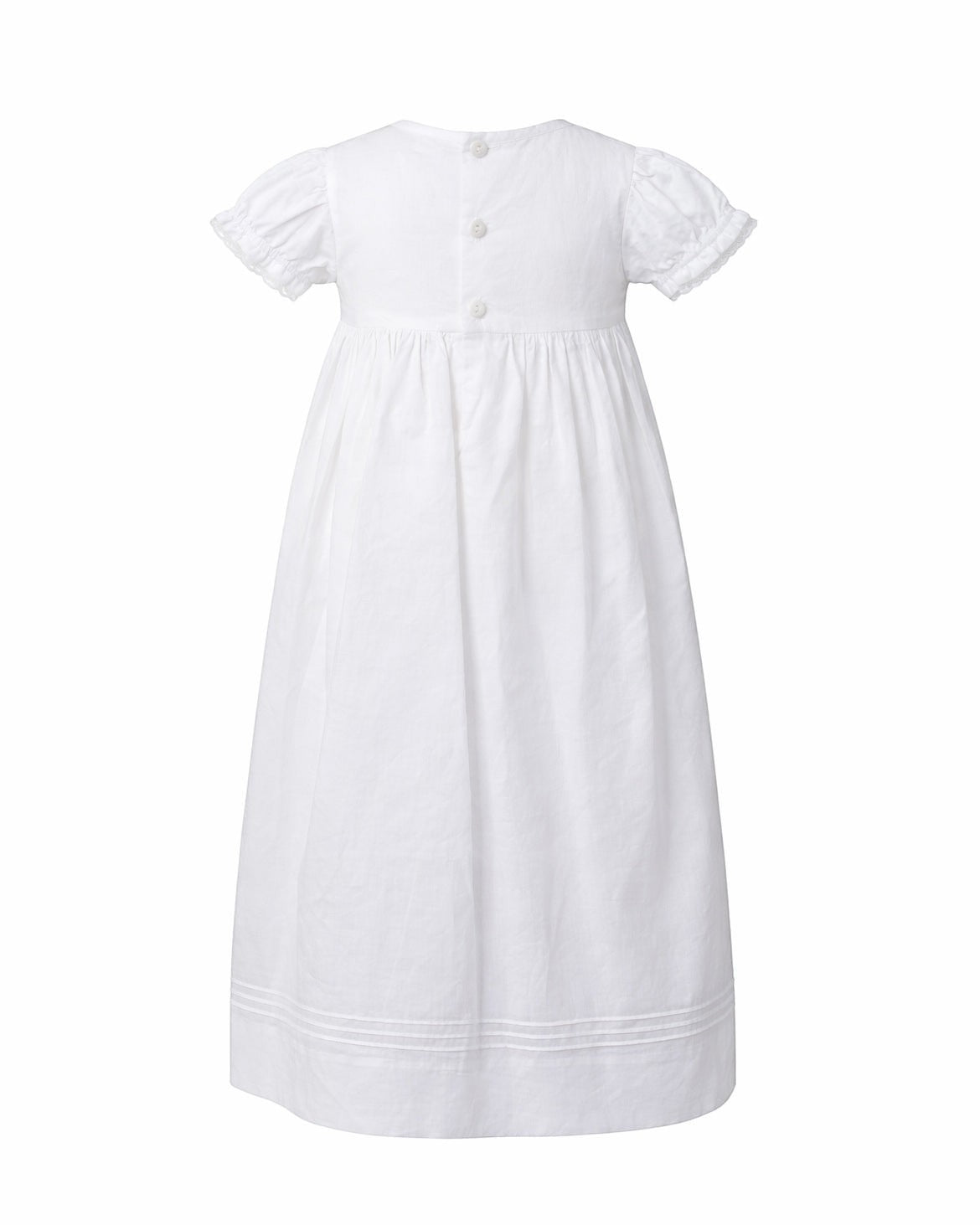 Carriage Boutique white cotton girls gown with puff sleeves and button back closure, back view