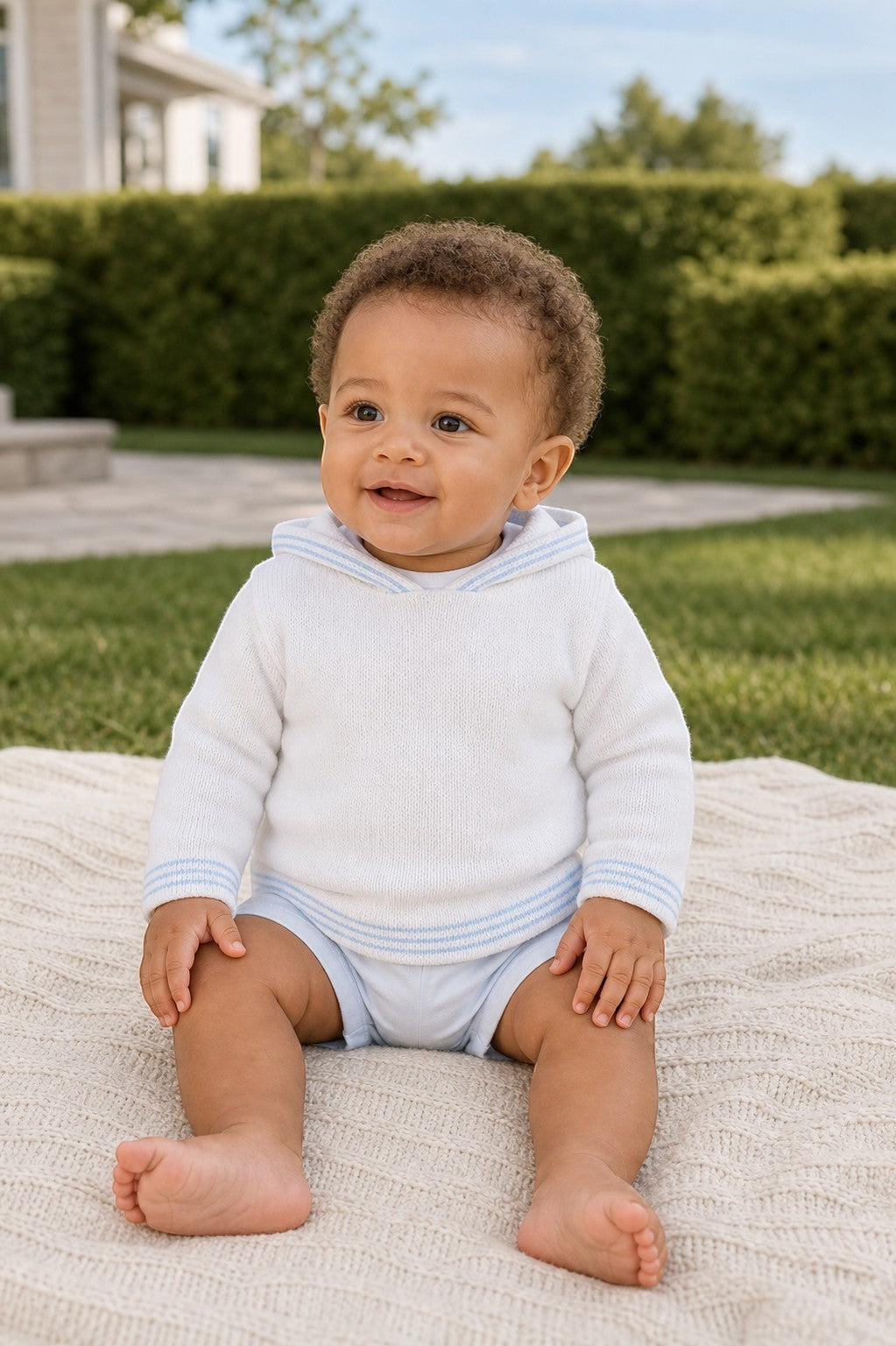 Carriage Boutique baby boy wearing a white hooded cotton sweater with light blue striped trim, sitting on a blanket.