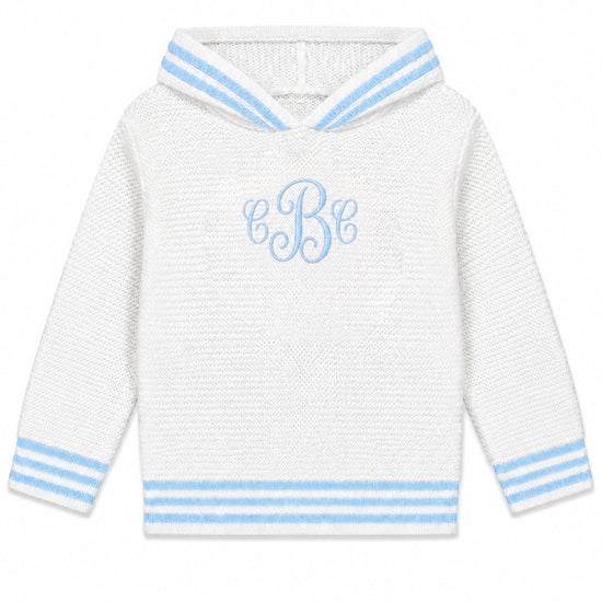 Carriage Boutique white cotton baby boy hooded sweater with blue striped trim and personalized monogram embroidery.