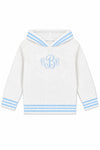 Carriage Boutique white cotton baby boy hooded sweater with blue striped trim and personalized monogram embroidery.
