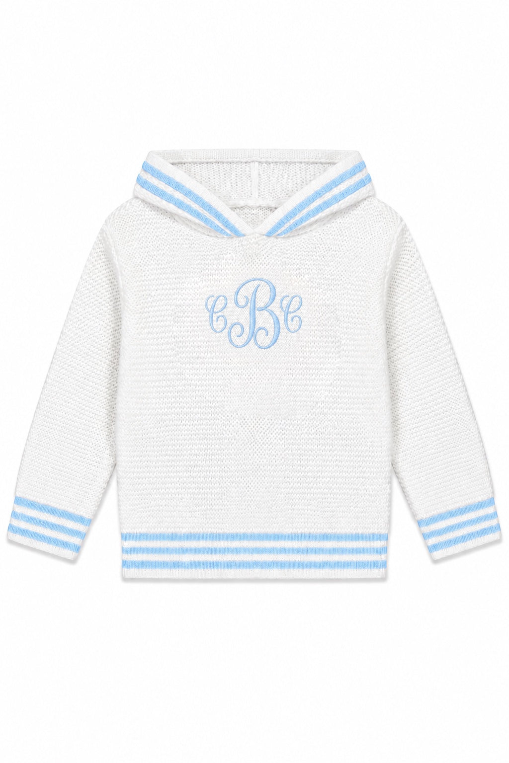 Carriage Boutique white cotton baby boy hooded sweater with blue striped trim and personalized monogram embroidery.