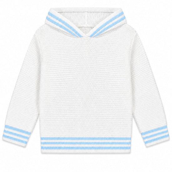 Carriage Boutique white cotton hooded baby sweater with light blue striped trim on the hood and hem.