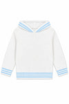 Carriage Boutique white cotton hooded baby sweater with light blue striped trim on the hood and hem.