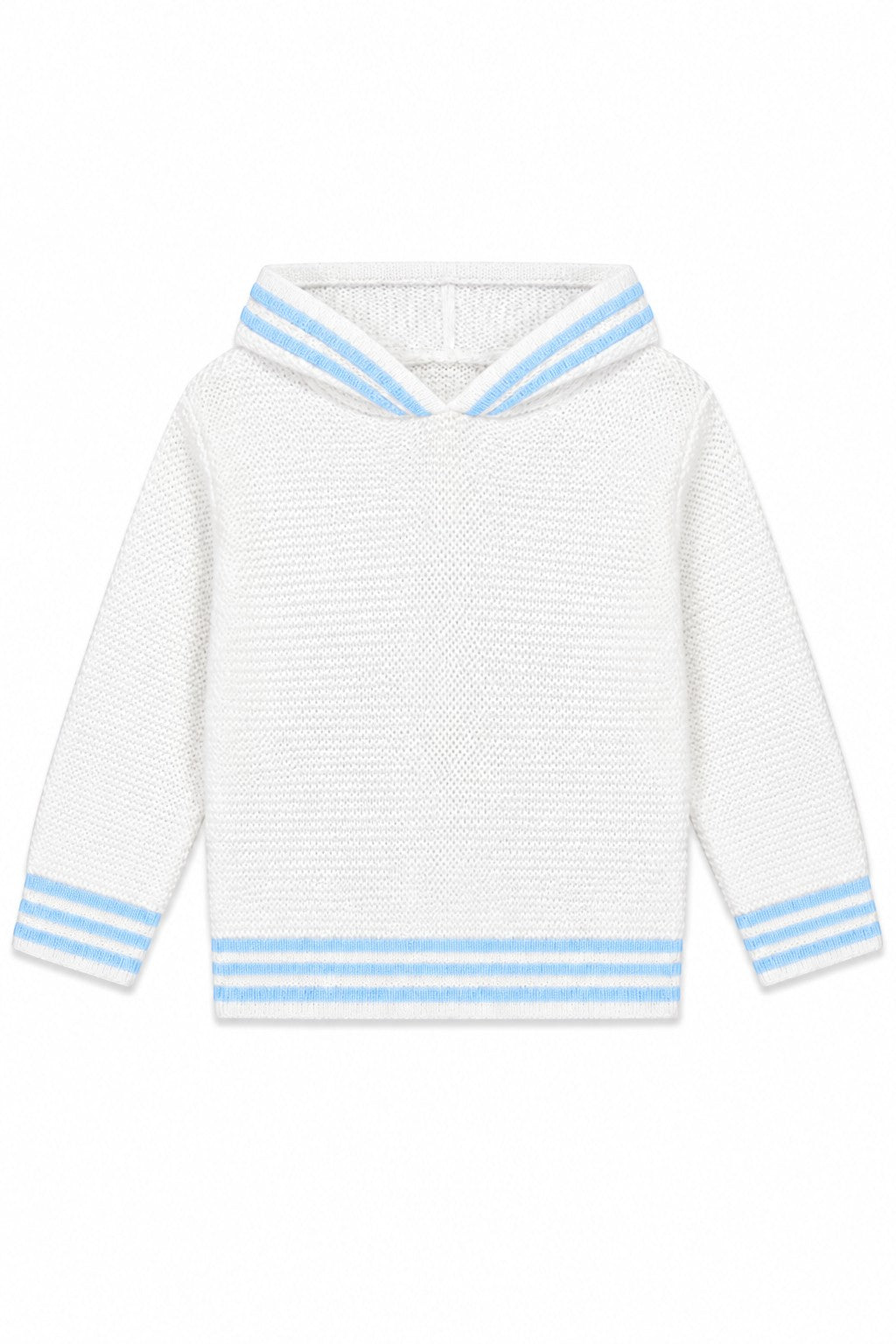Carriage Boutique white cotton hooded baby sweater with light blue striped trim on the hood and hem.