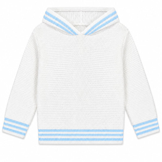 Carriage Boutique white cotton baby boy hooded sweater with blue striped trim on hood and cuffs