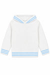 Carriage Boutique white cotton baby boy hooded sweater with blue striped trim on hood and cuffs