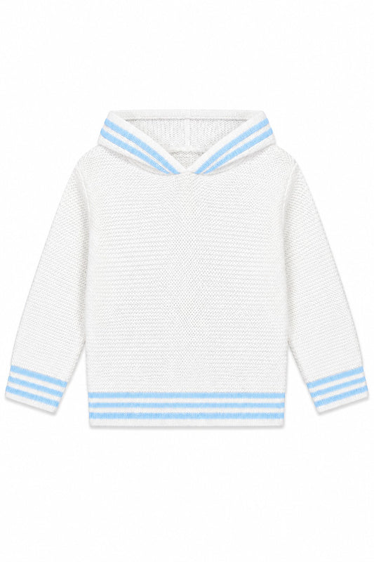 Carriage Boutique white cotton baby boy hooded sweater with blue striped trim on hood and cuffs