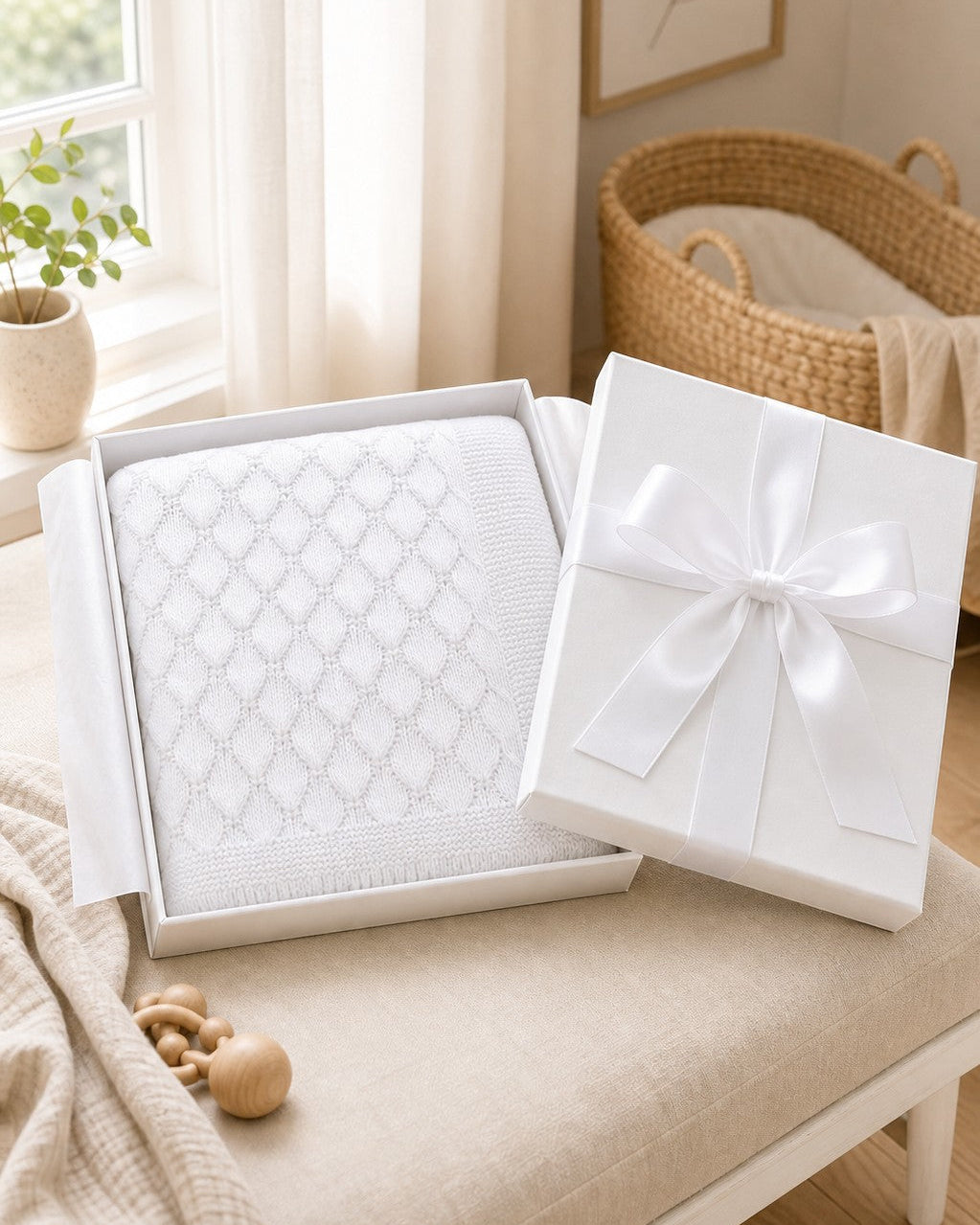 Carriage Boutique white cotton baby knit blanket with shell texture in a gift box with a satin ribbon.