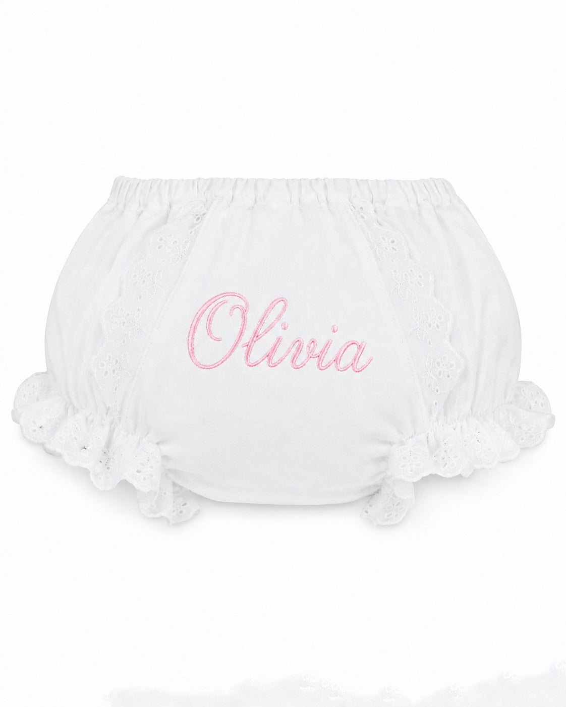 Carriage Boutique white cotton baby diaper cover with pink embroidered name Olivia and delicate lace ruffle trim.