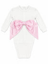 Carriage Boutique newborn white ribbed cotton swaddle bag featuring a large pink satin bow and personalized embroidery
