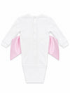 Carriage Boutique white cotton newborn swaddle bag featuring a large pink satin bow on the back and snap closures.