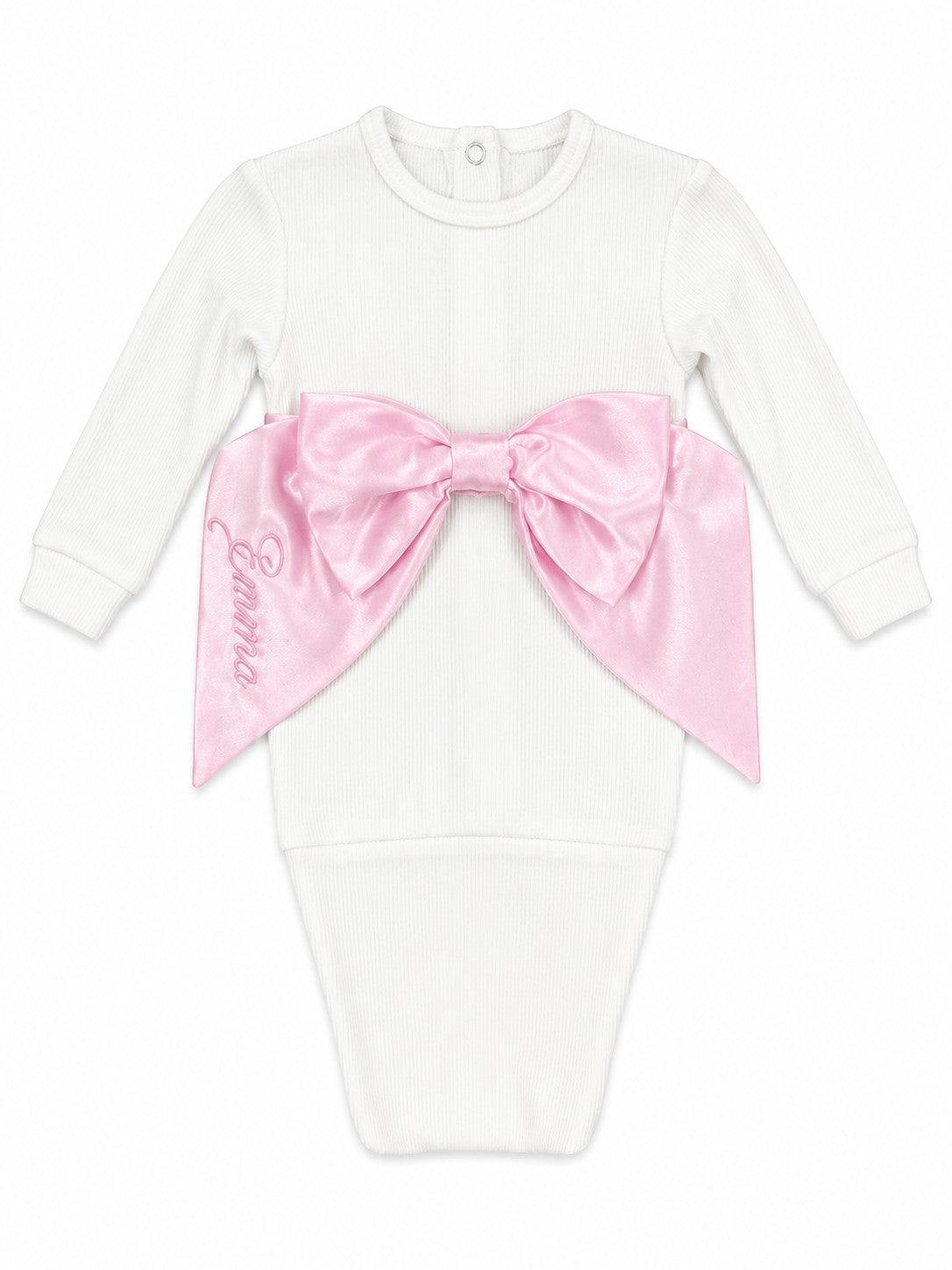 Carriage Boutique white cotton newborn swaddle bag featuring a large pink satin bow and personalized embroidery