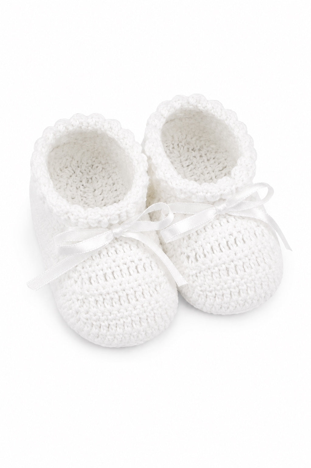 Carriage Boutique white hand crochet baby shoes with satin bows for christening or special occasions
