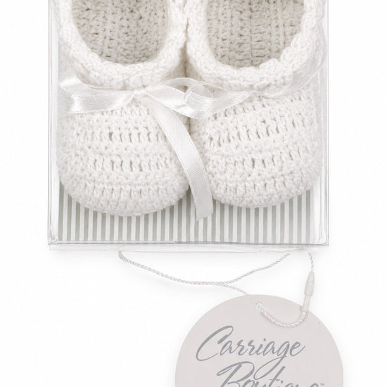 Carriage Boutique white hand crochet baby shoes with satin bow and gem cross in a gift box