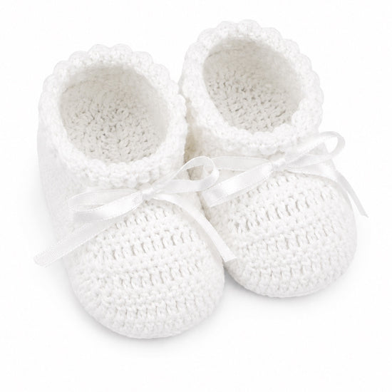 Carriage Boutique white hand crochet baby christening shoes with satin bows and gem cross detail