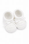 Carriage Boutique white hand crochet baby christening shoes with satin bows and gem cross detail