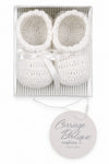 Carriage Boutique white crochet baby christening shoes with satin bows and gem cross in a gift box