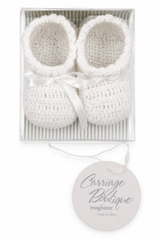 Carriage Boutique white crochet baby christening shoes with satin bows and gem cross in a gift box