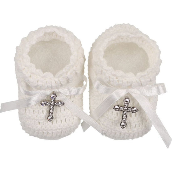 Carriage Boutique white hand-crocheted baby christening shoes with satin bows and gem-adorned cross embellishments