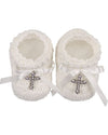 Carriage Boutique white hand-crocheted baby christening shoes with satin bows and gem-adorned cross embellishments