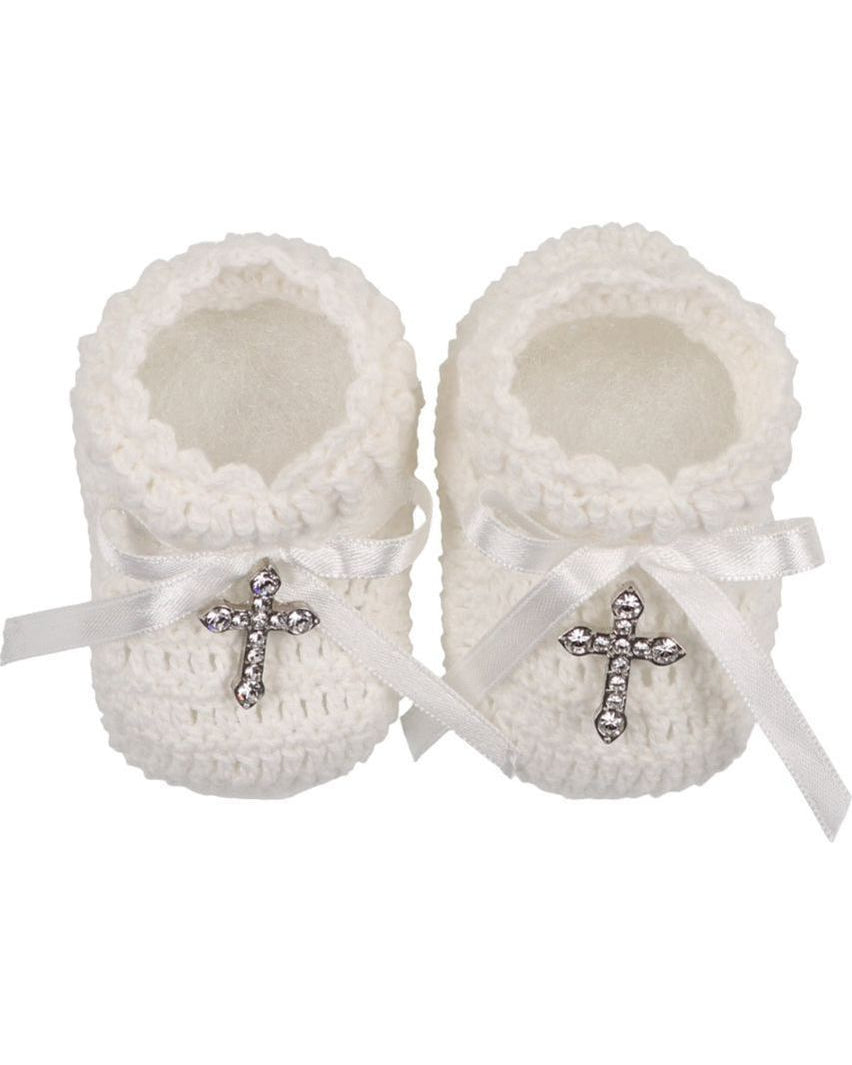 Carriage Boutique white hand-crocheted baby christening shoes with satin bows and gem-adorned cross embellishments