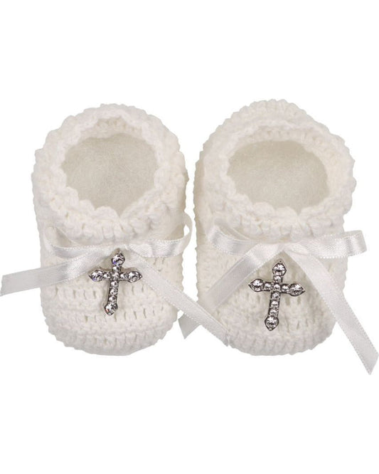 Carriage Boutique white hand-crocheted baby christening shoes with satin bows and gem-adorned cross embellishments