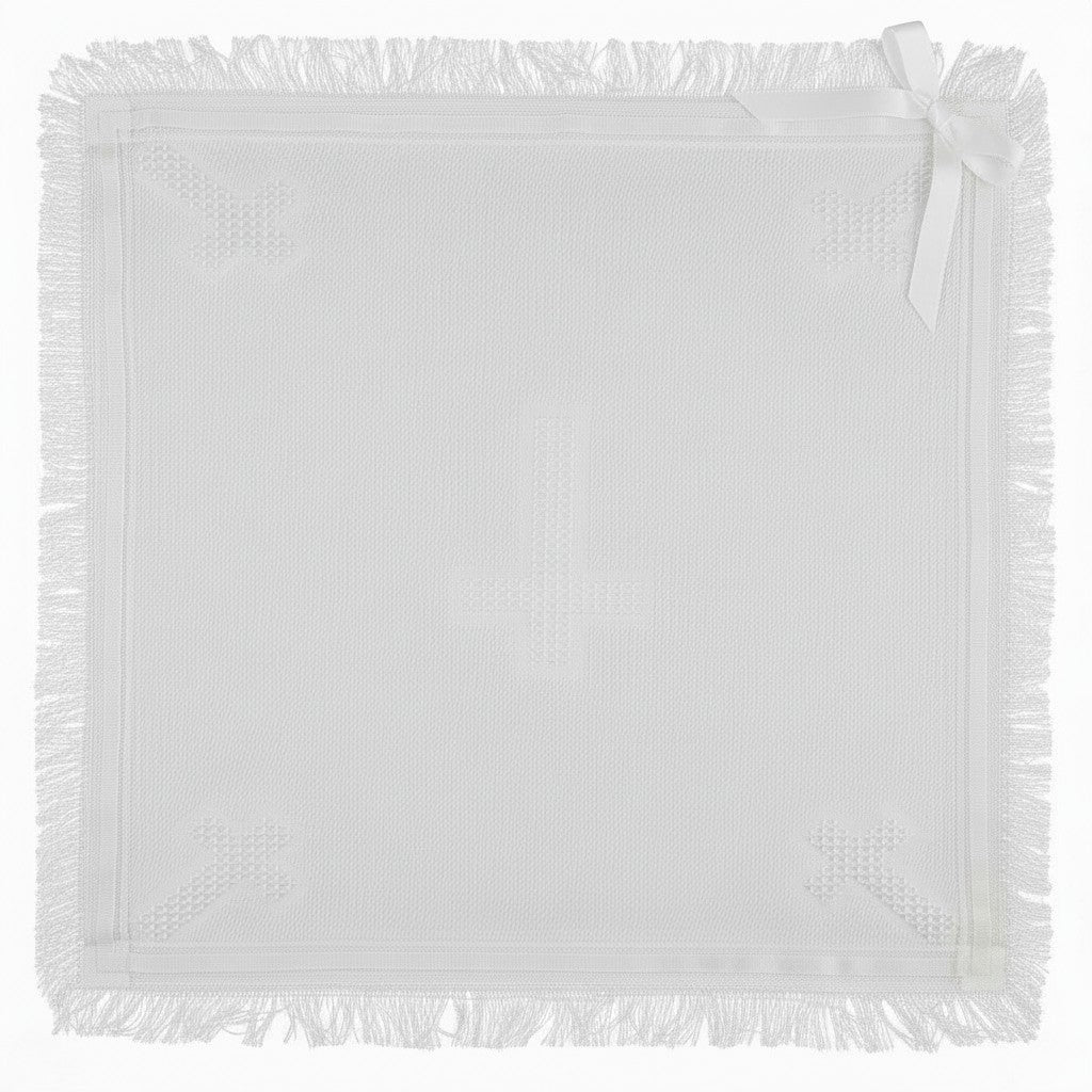 Carriage Boutique white baby blanket featuring a cross pattern, delicate fringe trim, and a decorative ribbon bow.