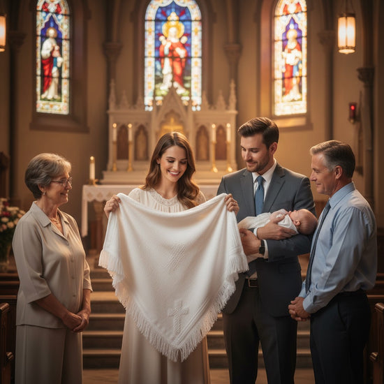Carriage Boutique white baby blanket with cross and lace detail held by a family in a church for a christening