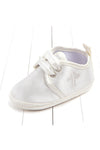 Carriage Boutique white baby christening shoes featuring a delicate embroidered cross and satin ribbon laces.