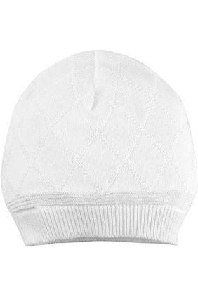 Carriage Boutique white knit baby hat featuring a classic diamond stitch pattern for christening and baptism outfits.