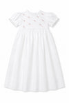 Carriage Boutique white girls gown with pink ribbon and floral embroidery, featuring puff sleeves and matching bonnet.