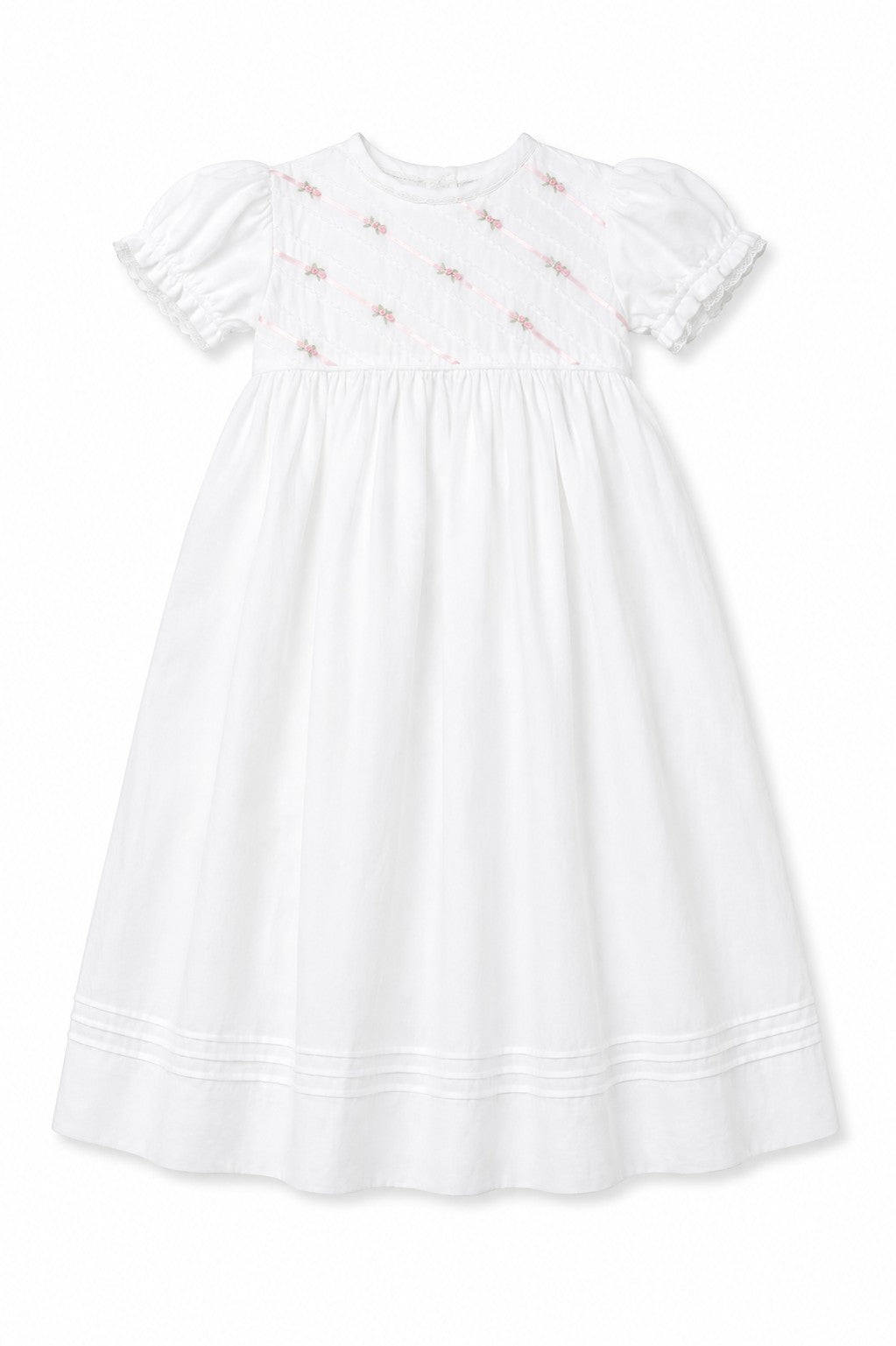 Carriage Boutique white girls gown with pink ribbon and floral embroidery, featuring puff sleeves and matching bonnet.