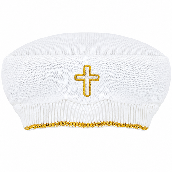 Carriage Boutique white knit baby christening hat featuring a gold cross embroidery and gold trim detail