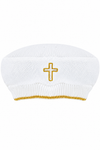 Carriage Boutique white knit baby christening hat featuring a gold cross embroidery and gold trim detail
