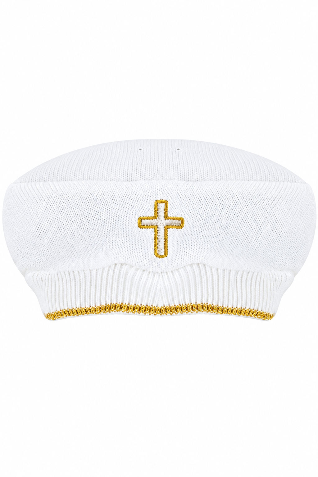 Carriage Boutique white knit baby christening hat featuring a gold cross embroidery and gold trim detail