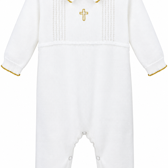 Carriage Boutique white knit baby boy christening romper featuring a gold cross embroidery and gold collar trim.