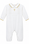 Carriage Boutique white knit baby boy christening romper featuring a gold cross embroidery and gold collar trim.