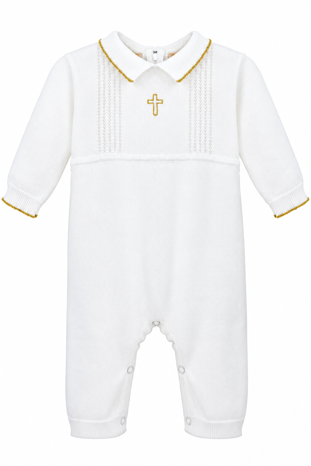 Carriage Boutique white knit baby boy christening romper featuring a gold cross embroidery and gold collar trim.