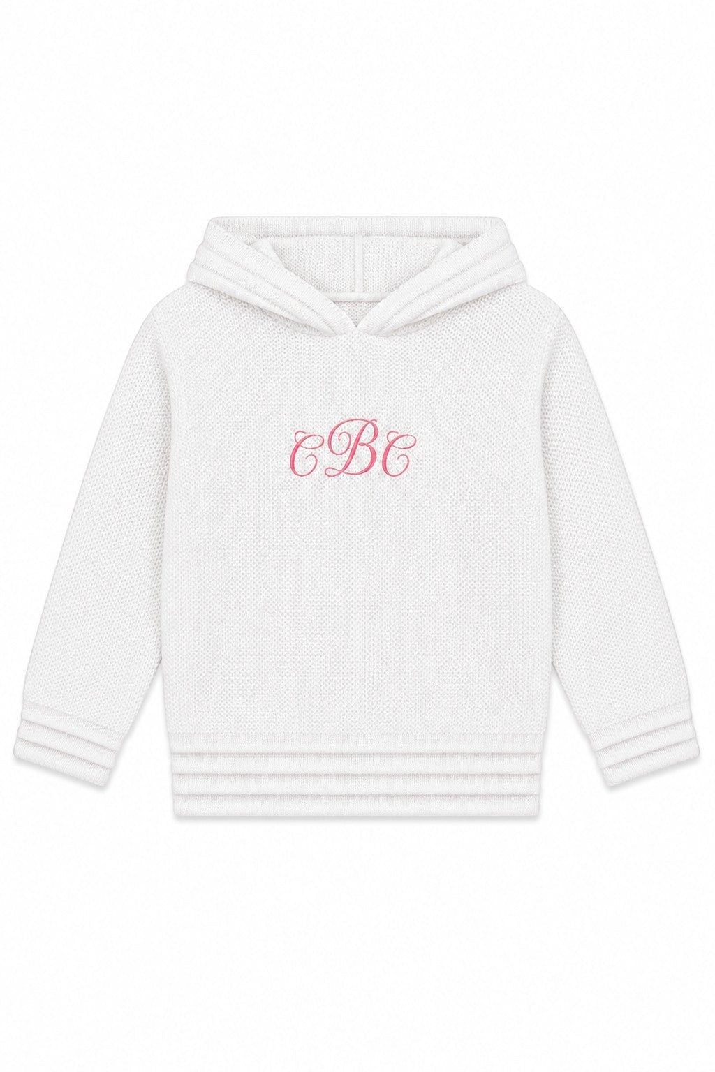 Carriage Boutique white hooded baby sweater with pink monogram embroidery on the chest and ribbed hem details.