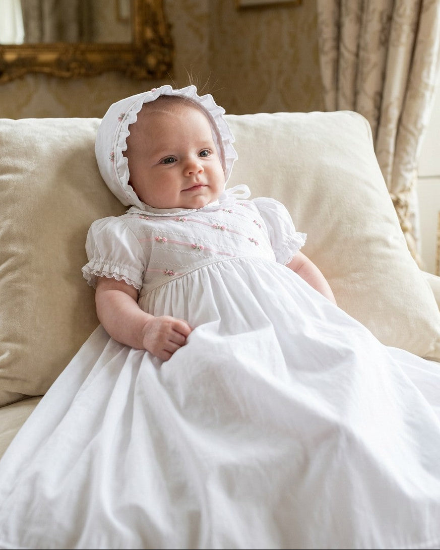 Carriage Boutique white infant gown with pink ribbon and floral embroidery, featuring a matching ruffled bonnet.
